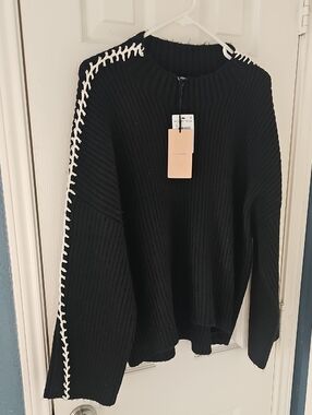 New Halogen Contrast Stitch Chunky Plush Thick Sweater BLK/White XL